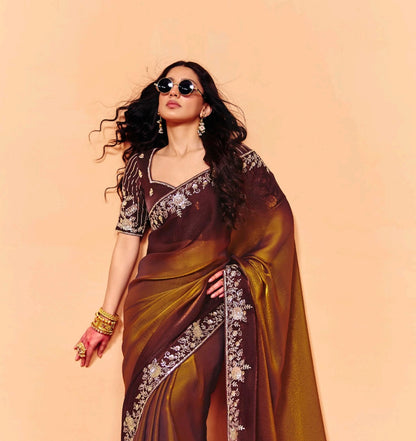 Coffee Brown Tissue Silk Readymade/Easy Saree - Panaash Saree
