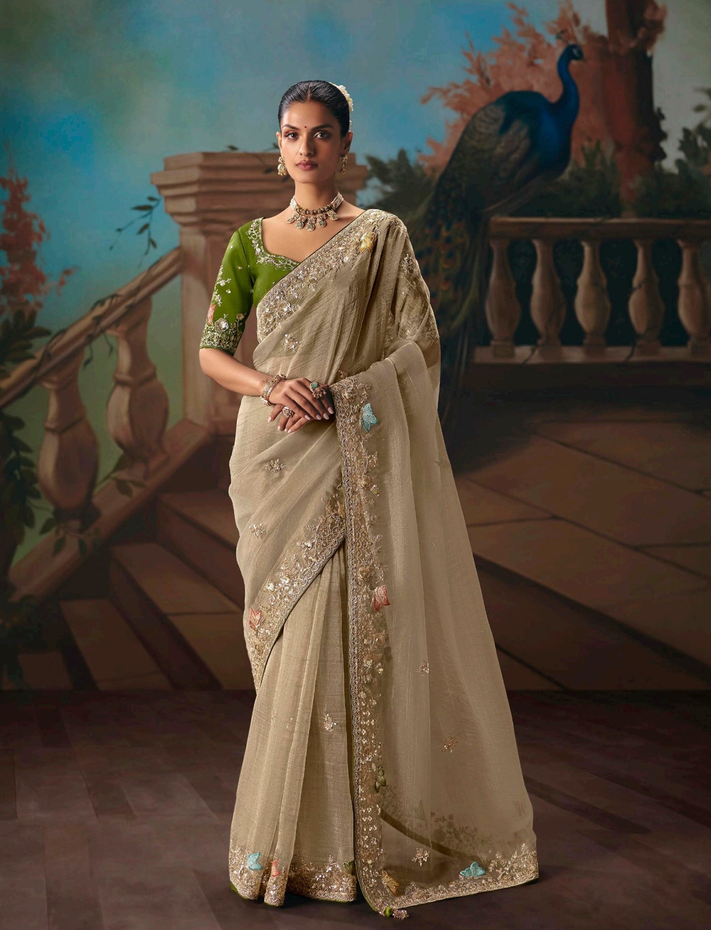 Champagne Beige Designer Silk Readymade/Easy Saree