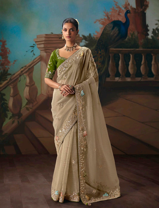 Champagne Beige Designer Silk Readymade/Easy Saree