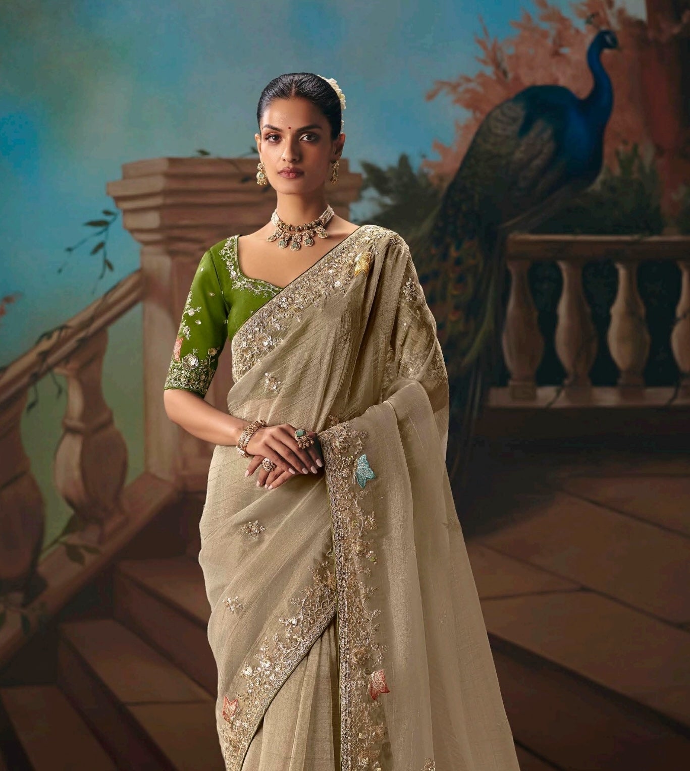 Champagne Beige Designer Silk Readymade/Easy Saree