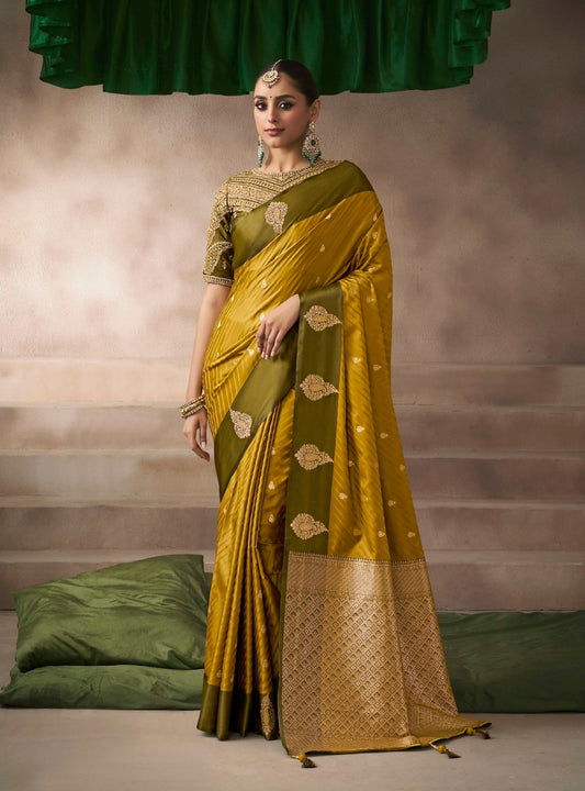 Olive Color Designer Kanjivaram Readymade/Easy Saree