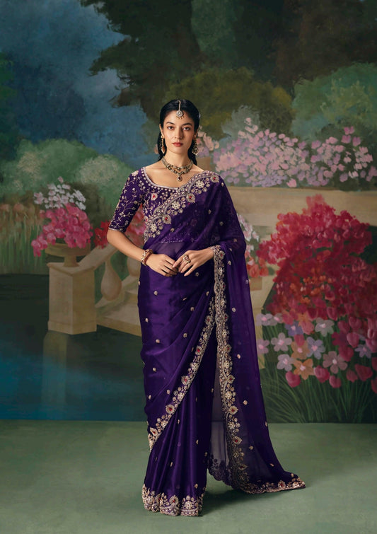 Royal Purple Embroidery Silk Readymade/Easy Saree