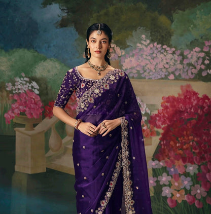 Royal Purple Embroidery Silk Readymade/Easy Saree