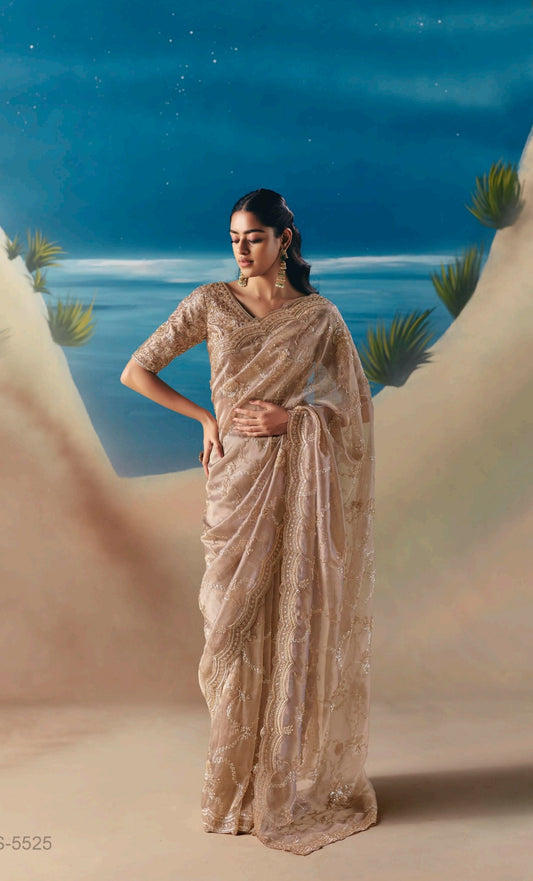 Golden Party Wear Readymade Saree