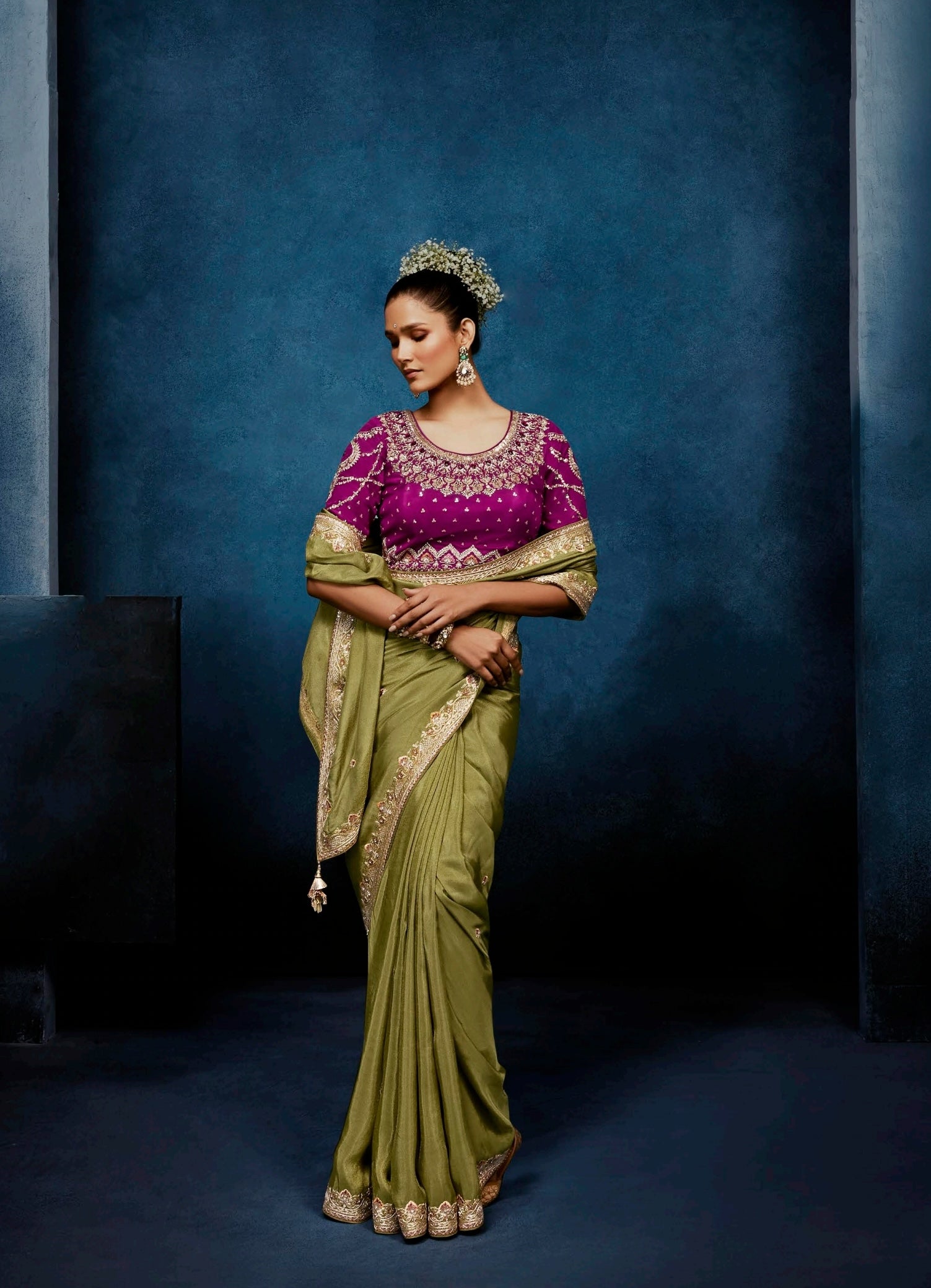 Leaf Green Tissue Silk Ready to wear/Easy Saree - Panaash Saree