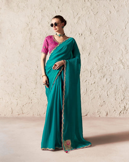 Teal Fancy Tissue Silk Ready to wear/Easy Saree - Panaash Saree