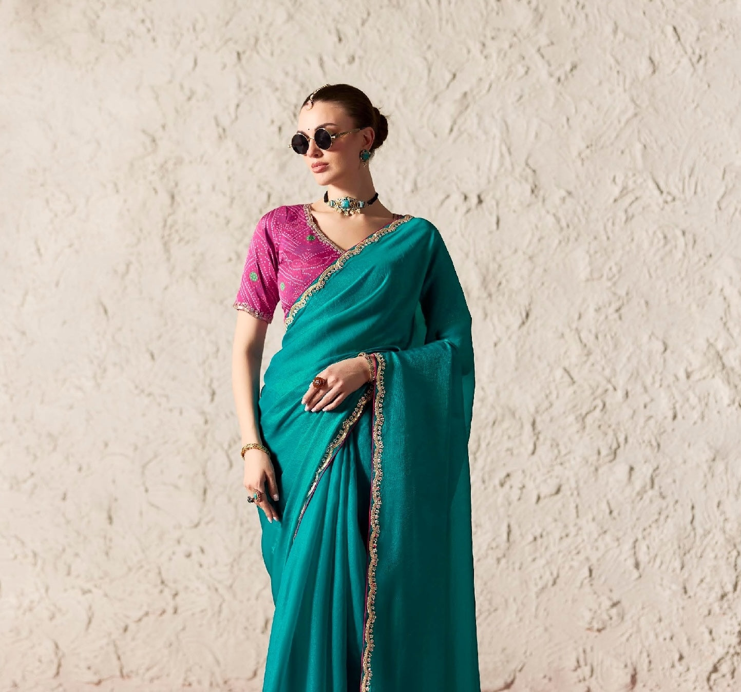 Teal Fancy Tissue Silk Ready to wear/Easy Saree - Panaash Saree