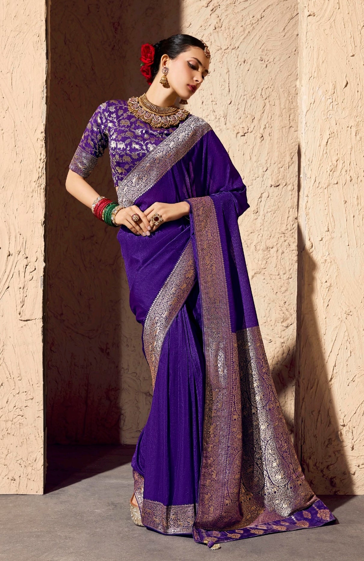 Royal Blue Designer Silk Readymade/Easy Saree