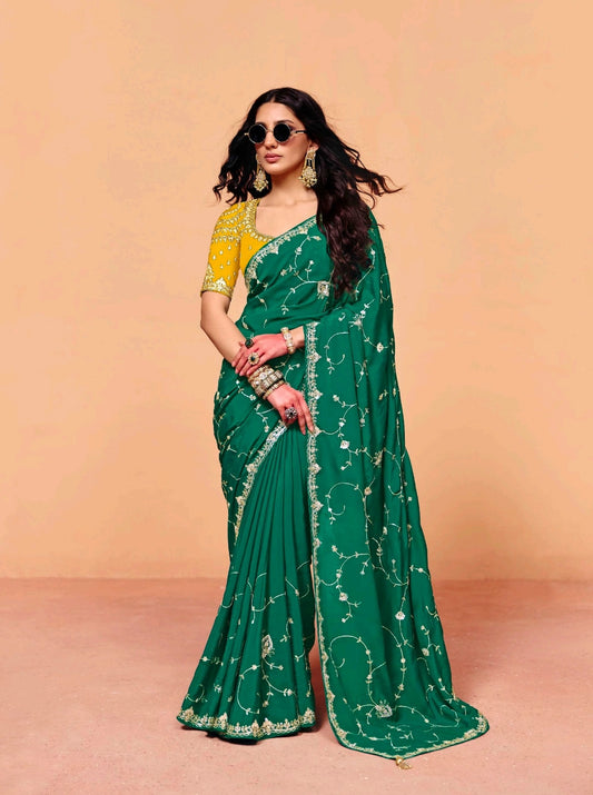 Emerald Green Tissue Silk Readymade/Easy Saree - Panaash Saree