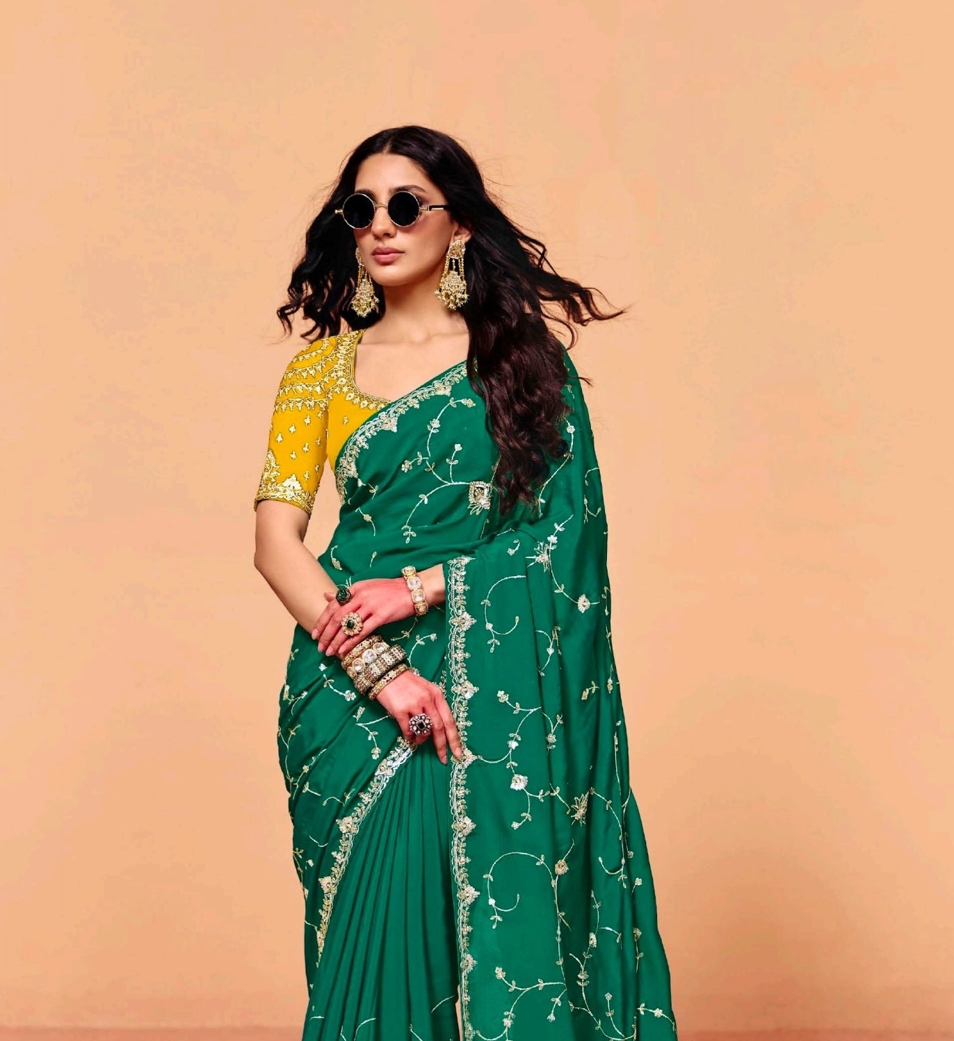 Emerald Green Tissue Silk Readymade/Easy Saree - Panaash Saree