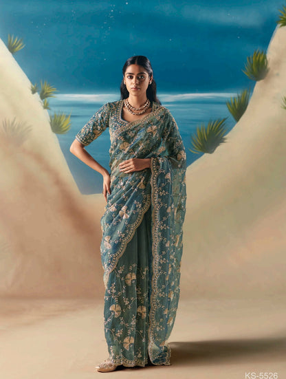 Sea Green Party Wear Readymade Saree