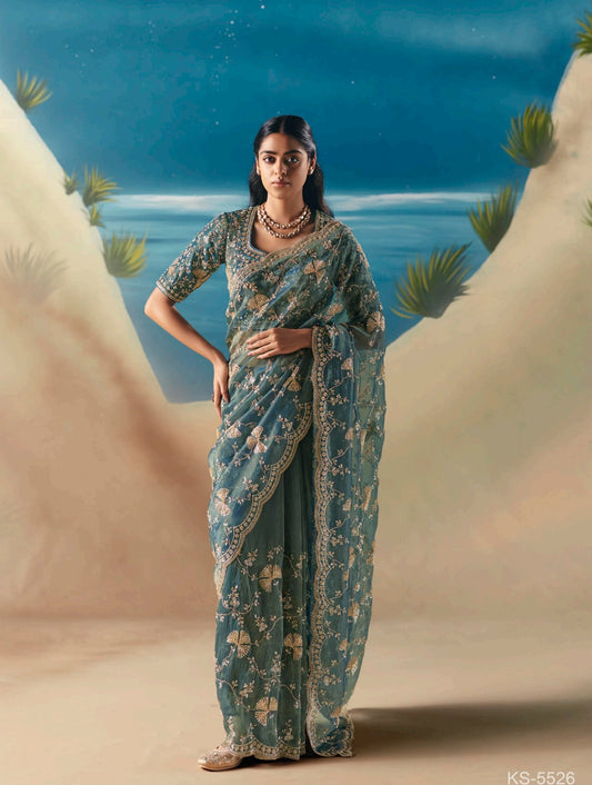 Sea Green Party Wear Readymade Saree