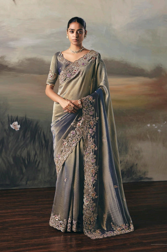 Pastel Sage Green Colour Party Wear Readymade Saree
