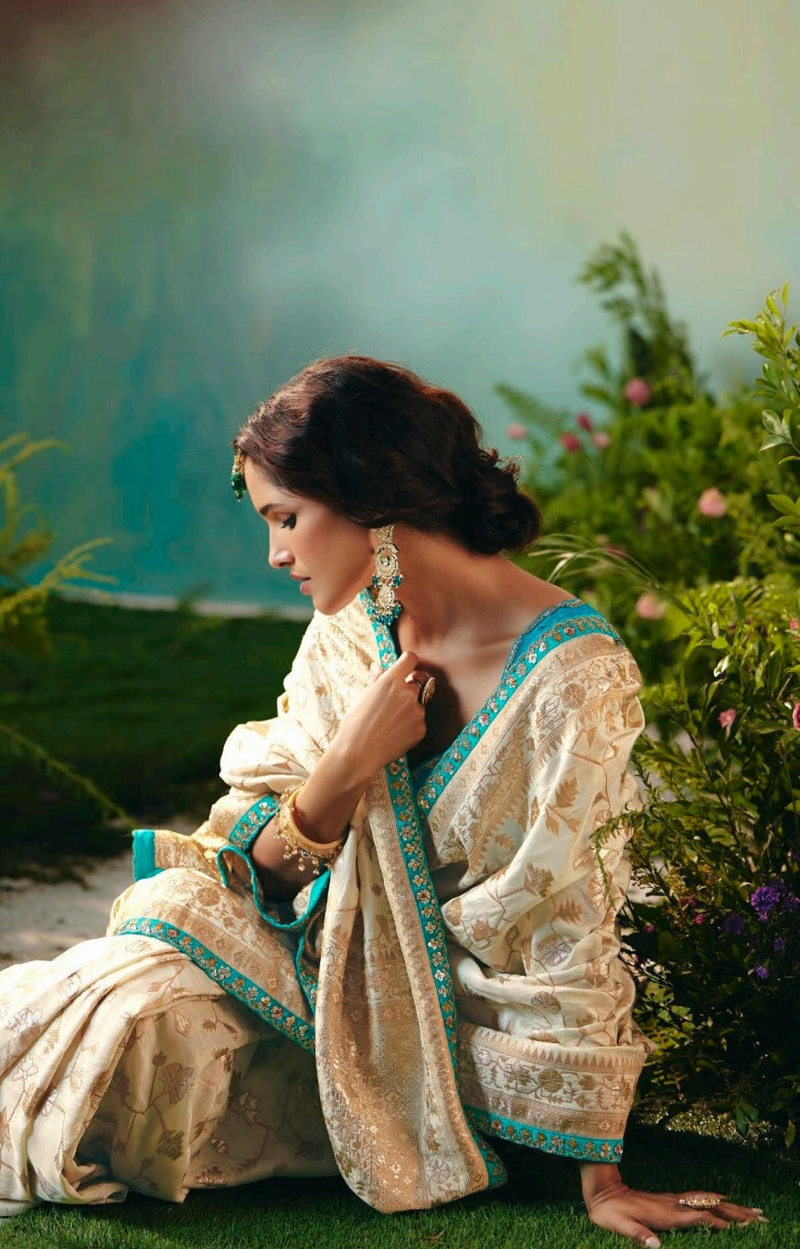 Off-White Designer Kanjivaram Silk Readymade/Easy Saree