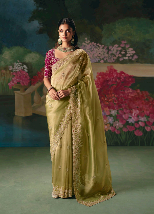 Olive Green Embroidery Silk Readymade/Easy Saree