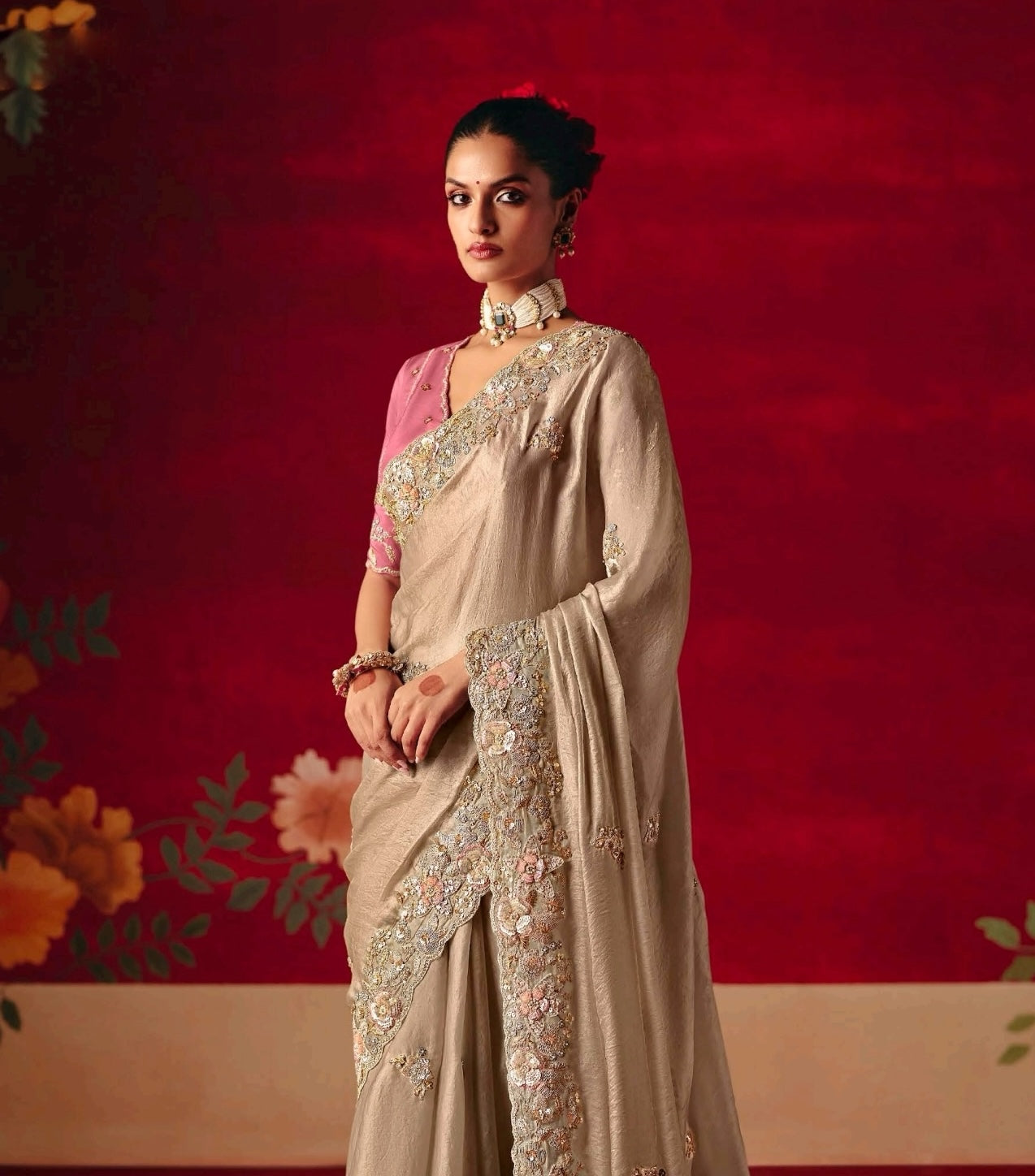Champagne beige Party Wear Readymade Saree