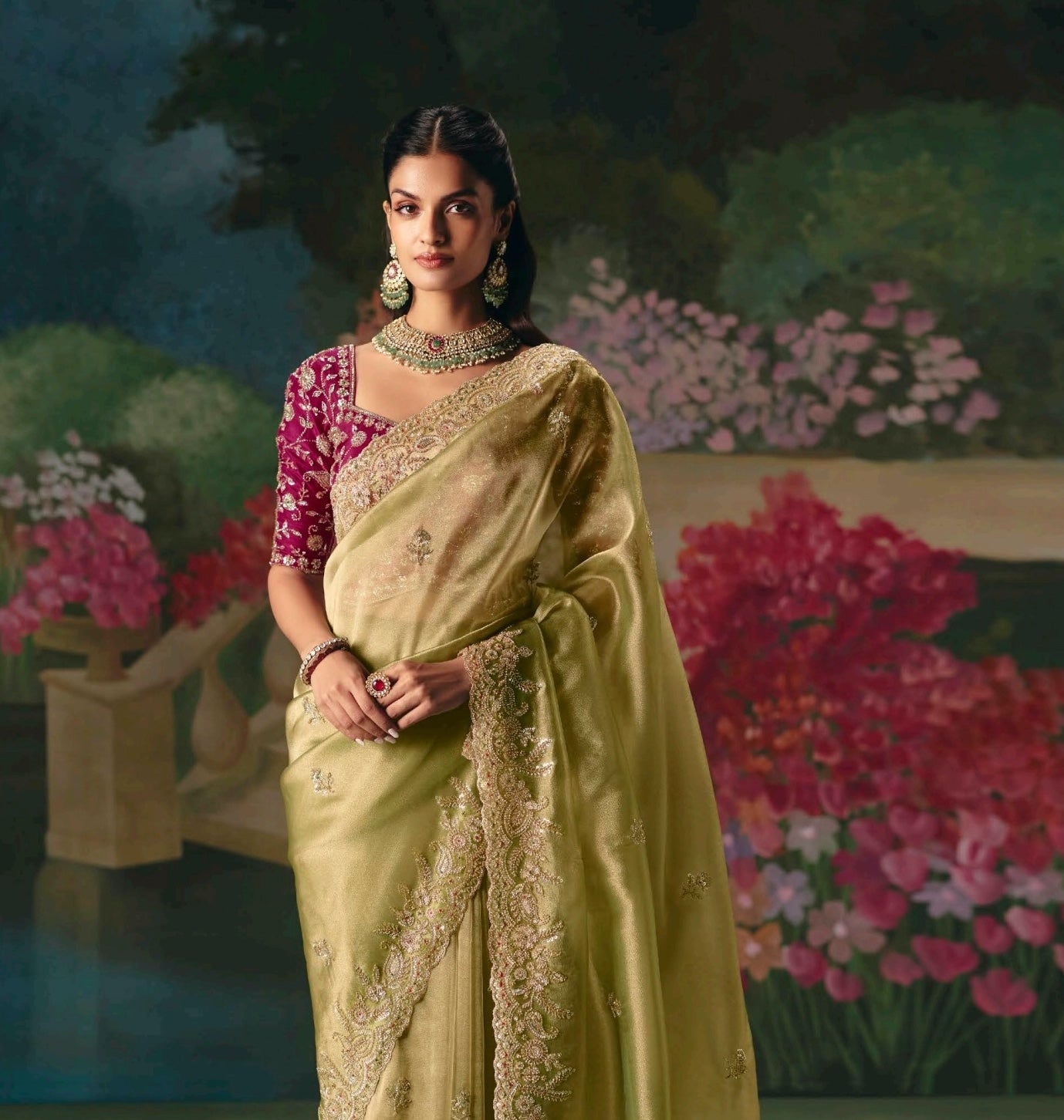 Olive Green Embroidery Silk Readymade/Easy Saree