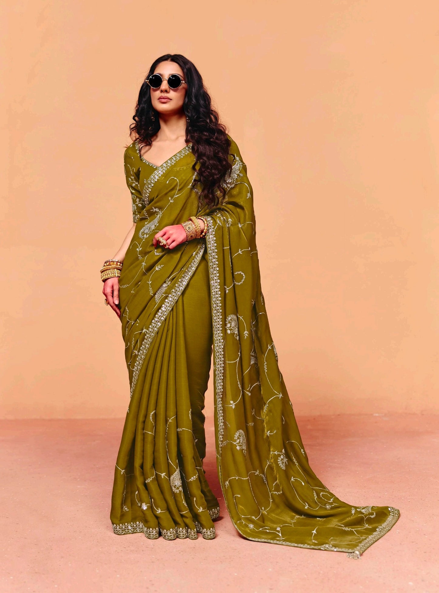 Olive Green Tissue Silk Readymade/Easy Saree - Panaash Saree