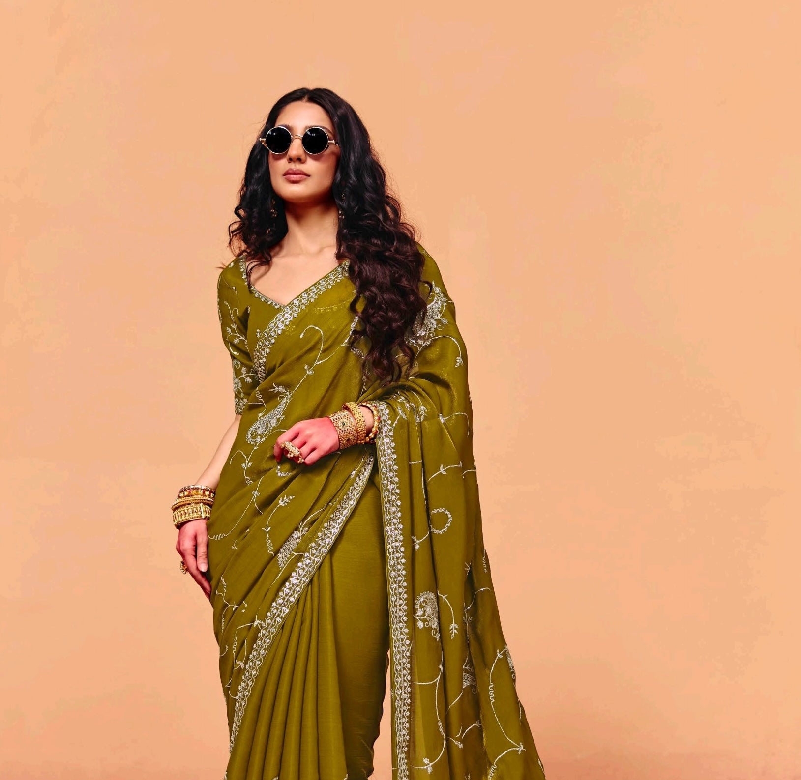 Olive Green Tissue Silk Readymade/Easy Saree - Panaash Saree