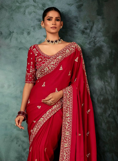 Red Embroidery Silk Readymade/Easy Saree