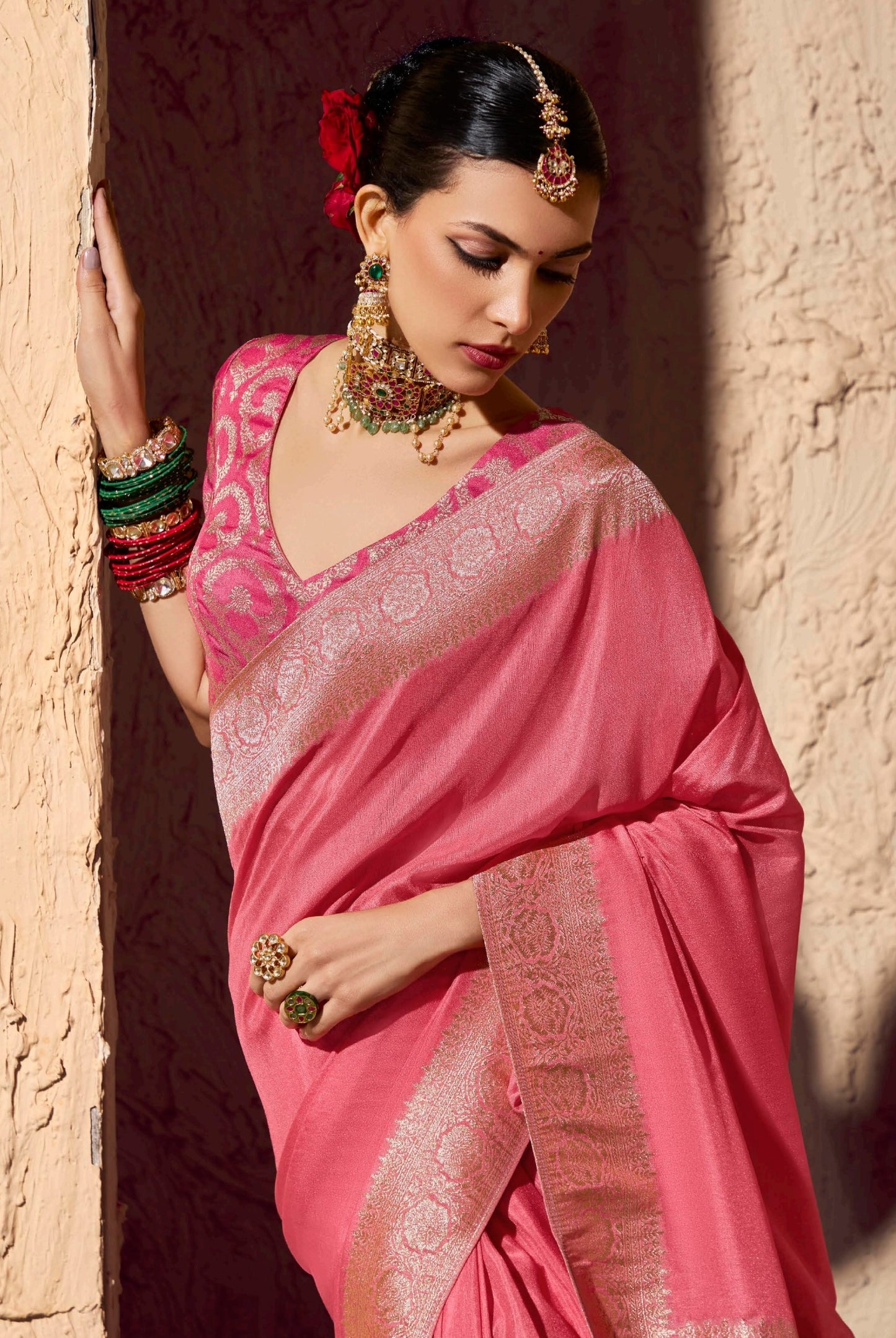 Baby pink Designer Silk Readymade/Easy Saree