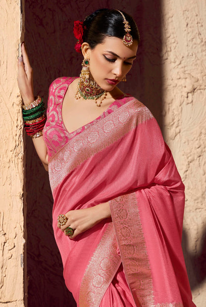 Baby pink Designer Silk Readymade/Easy Saree