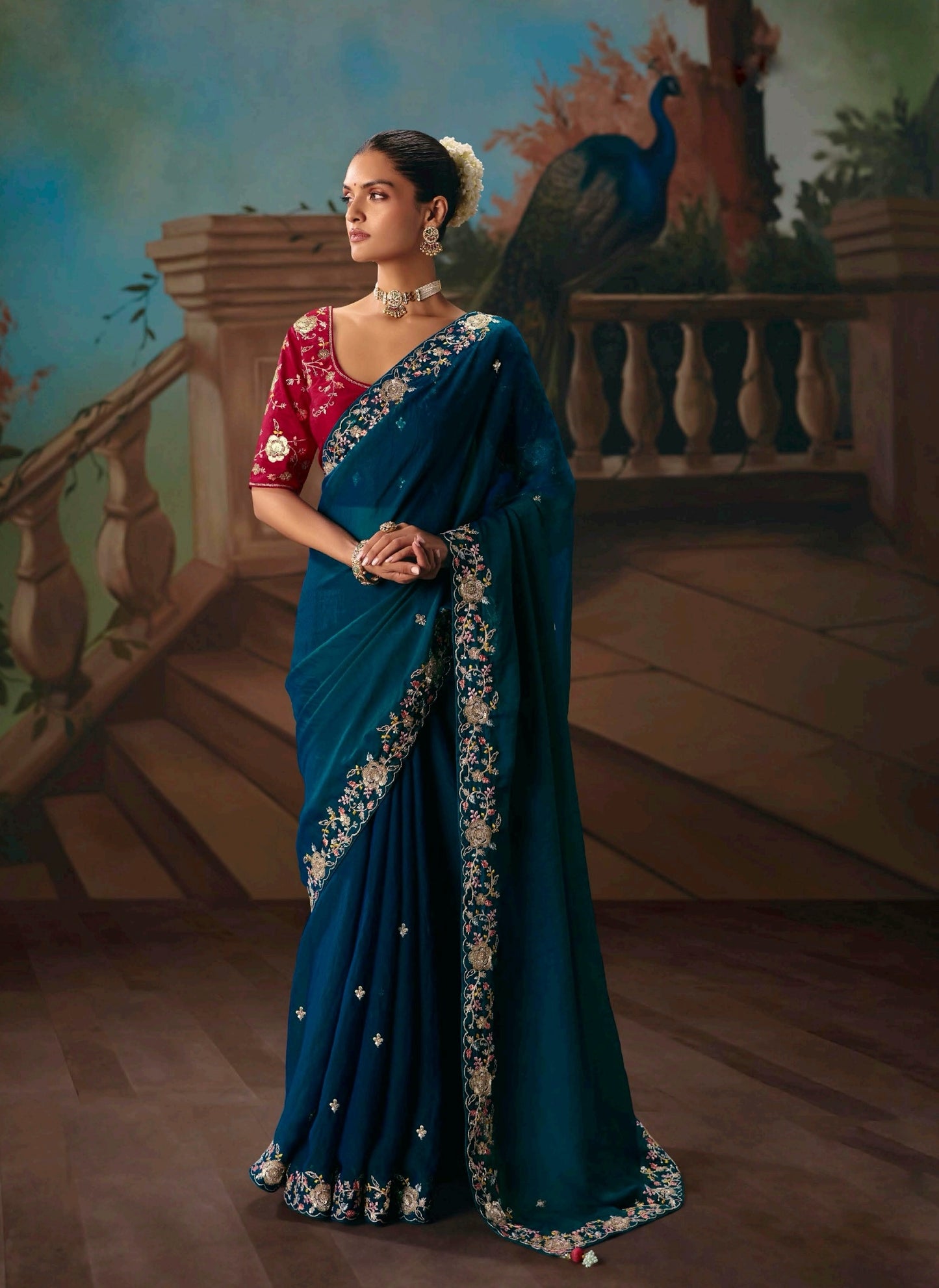 Navy Blue Designer Silk Readymade/Easy Saree