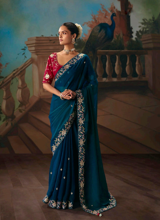 Navy Blue Designer Silk Readymade/Easy Saree