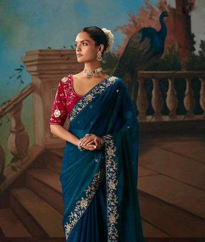 Navy Blue Designer Silk Readymade/Easy Saree