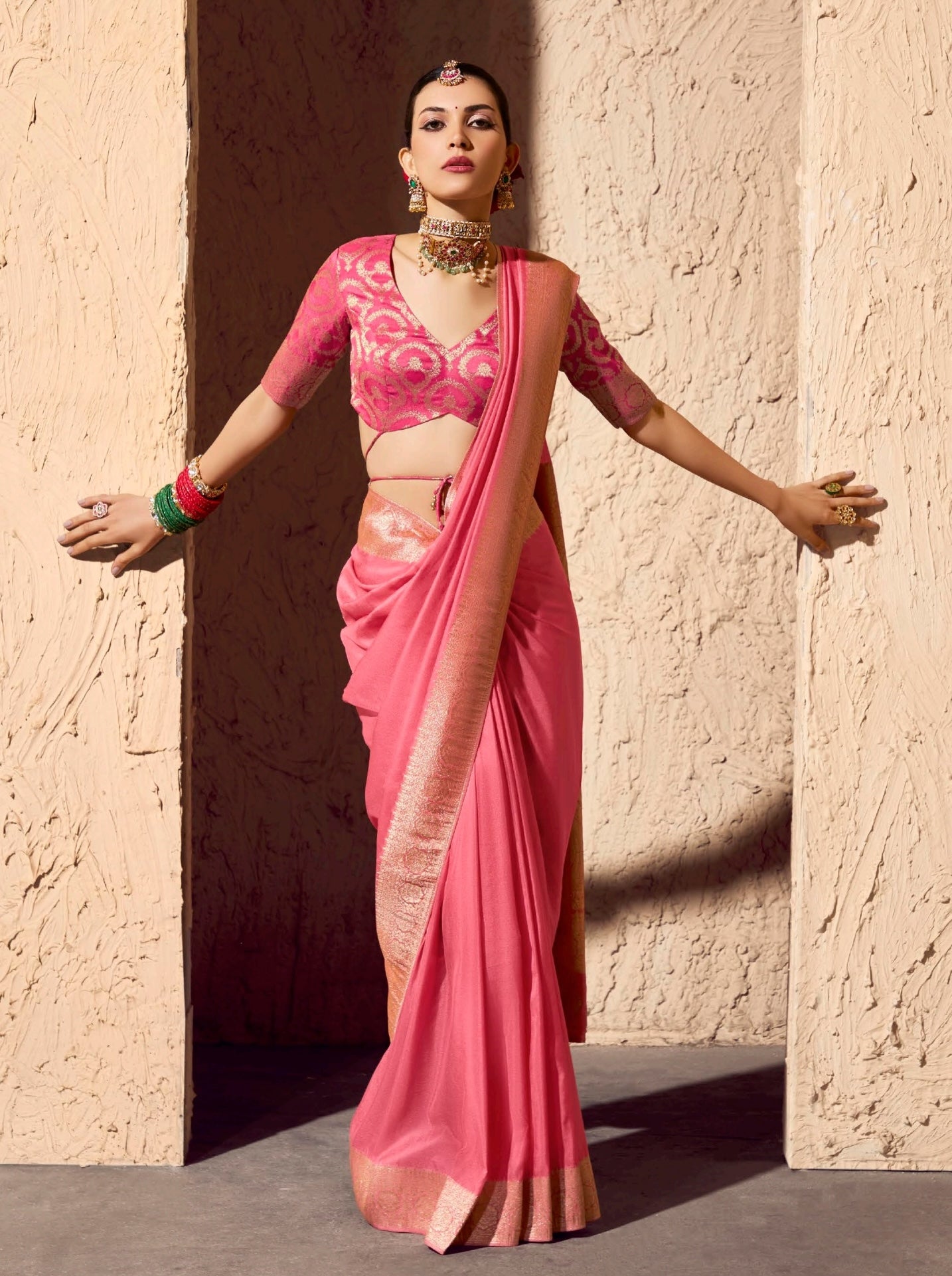 Baby pink Designer Silk Readymade/Easy Saree