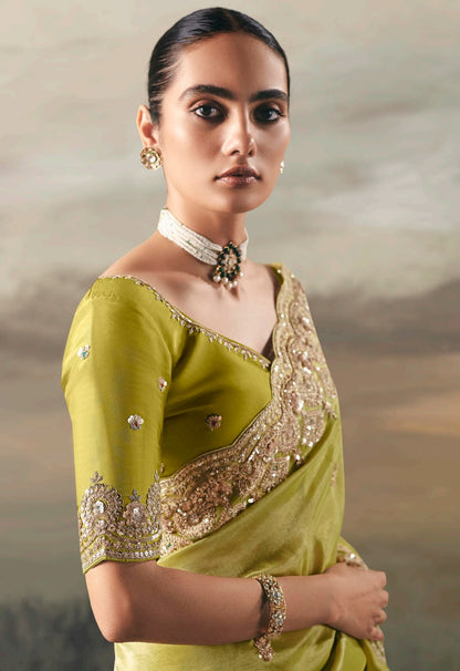 Lime Green Color Party Wear Readymade Saree