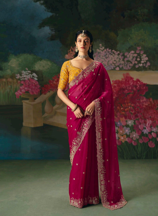 Ruby Pink Embroidery Silk Readymade/Easy Saree