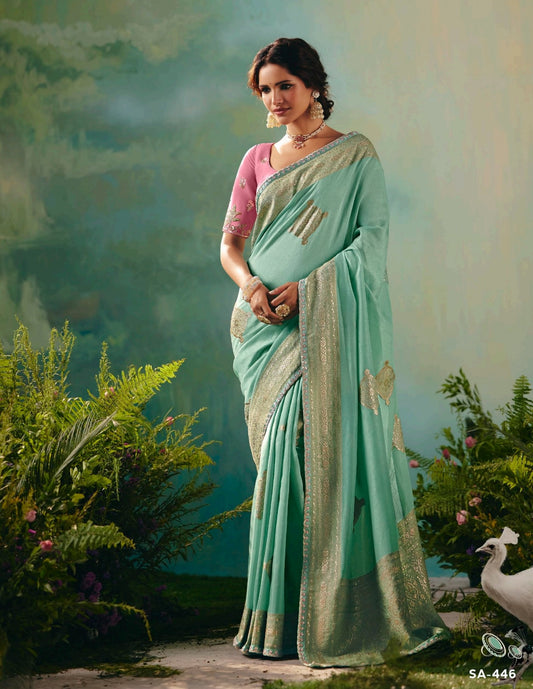 Sea Green Designer Kanjivaram Silk Readymade/Easy Saree