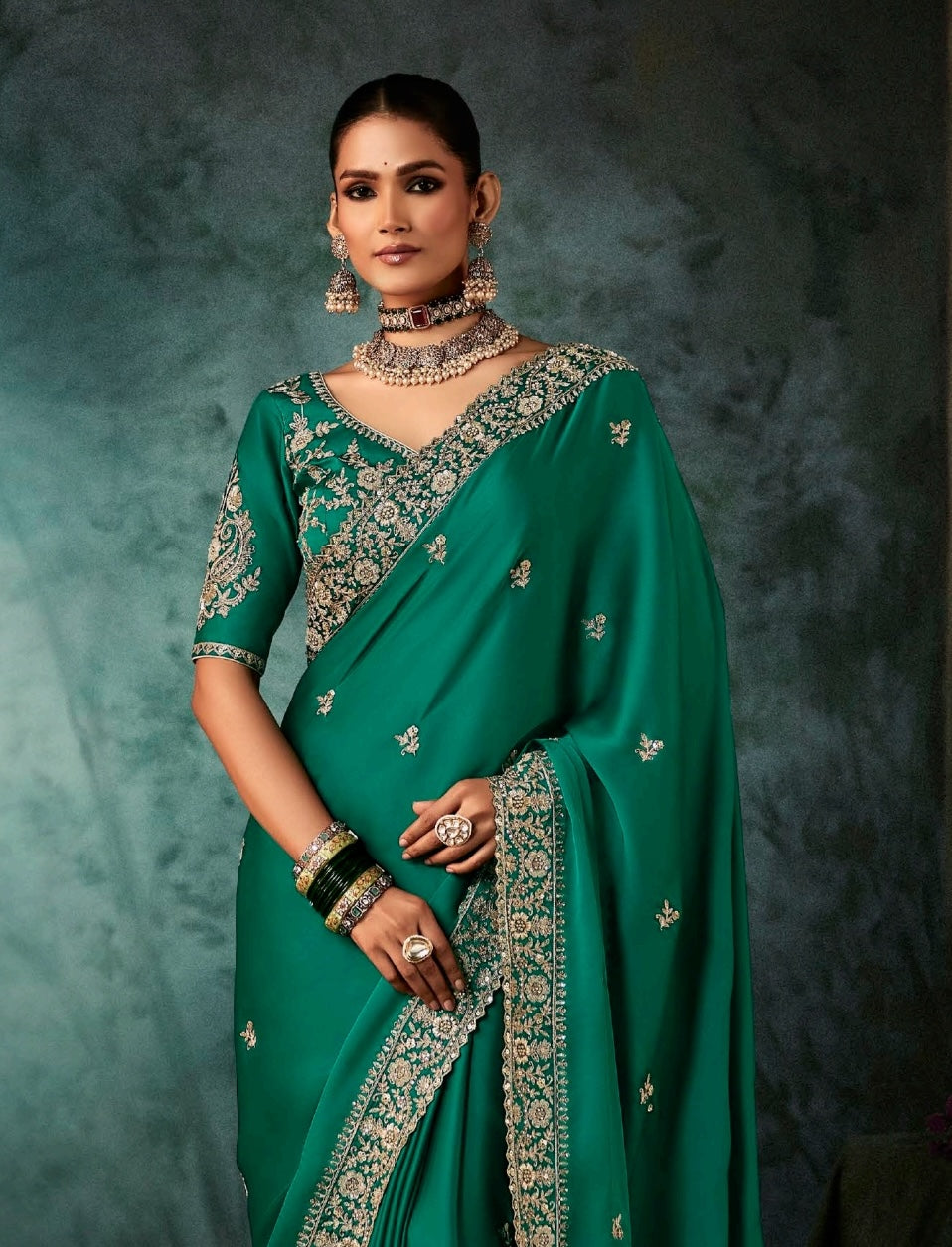 Emerald Green Embroidery Silk Readymade/Easy Saree