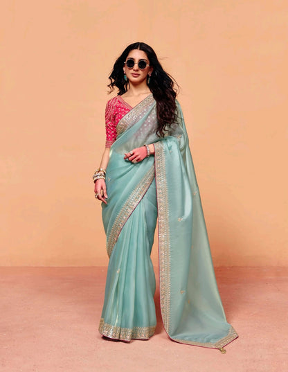 Aqua Blue Tissue Silk Readymade/Easy Saree - Panaash Saree