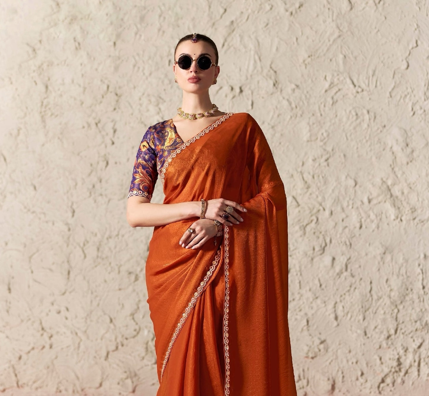 Rust Fancy Tissue Silk Ready to wear/Easy Saree - Panaash Saree