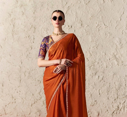 Rust Fancy Tissue Silk Ready to wear/Easy Saree - Panaash Saree