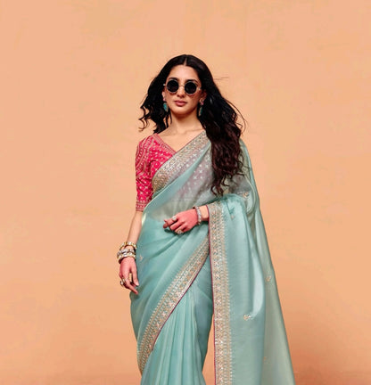 Aqua Blue Tissue Silk Readymade/Easy Saree - Panaash Saree