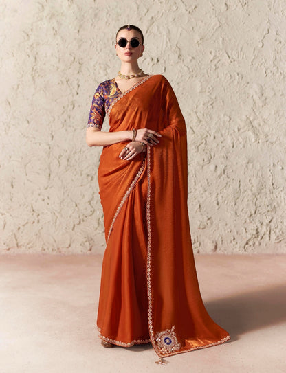 Rust Fancy Tissue Silk Ready to wear/Easy Saree - Panaash Saree