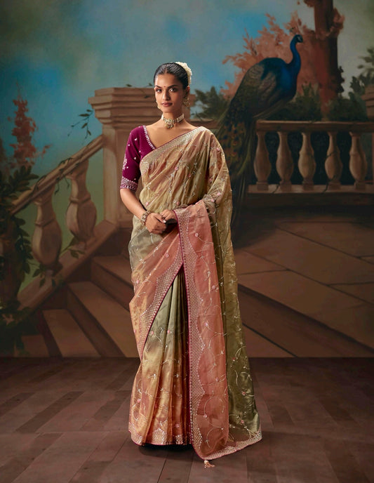 Peach Green Designer Silk Readymade/Easy Saree
