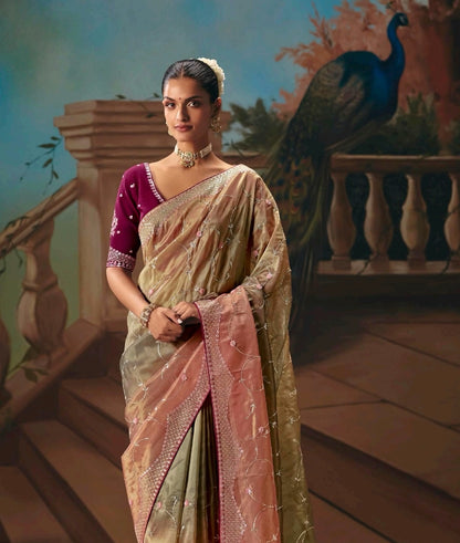 Peach Green Designer Silk Readymade/Easy Saree