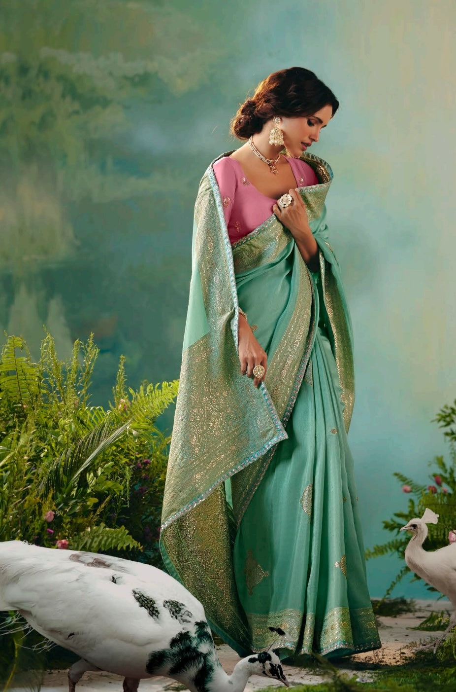 Sea Green Designer Kanjivaram Silk Readymade/Easy Saree