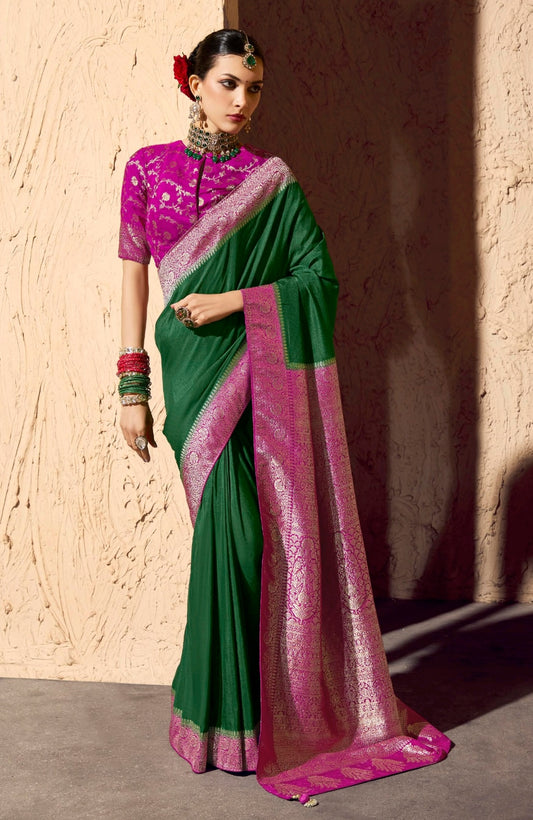 Dark Green Designer Silk Readymade/Easy Saree