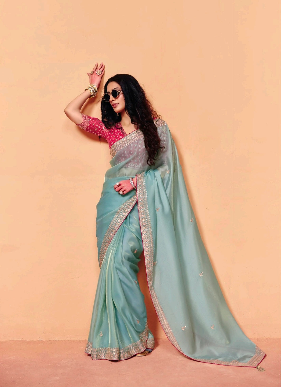 Aqua Blue Tissue Silk Readymade/Easy Saree - Panaash Saree