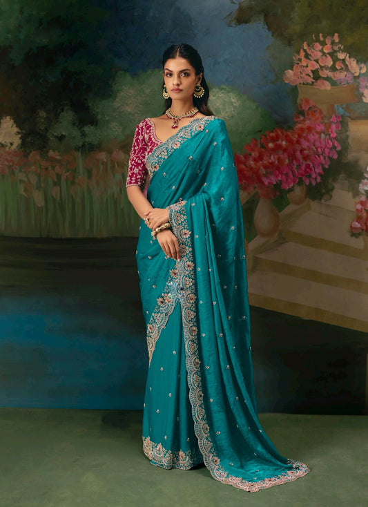 Teal Blue Embroidery Silk Readymade/Easy Saree