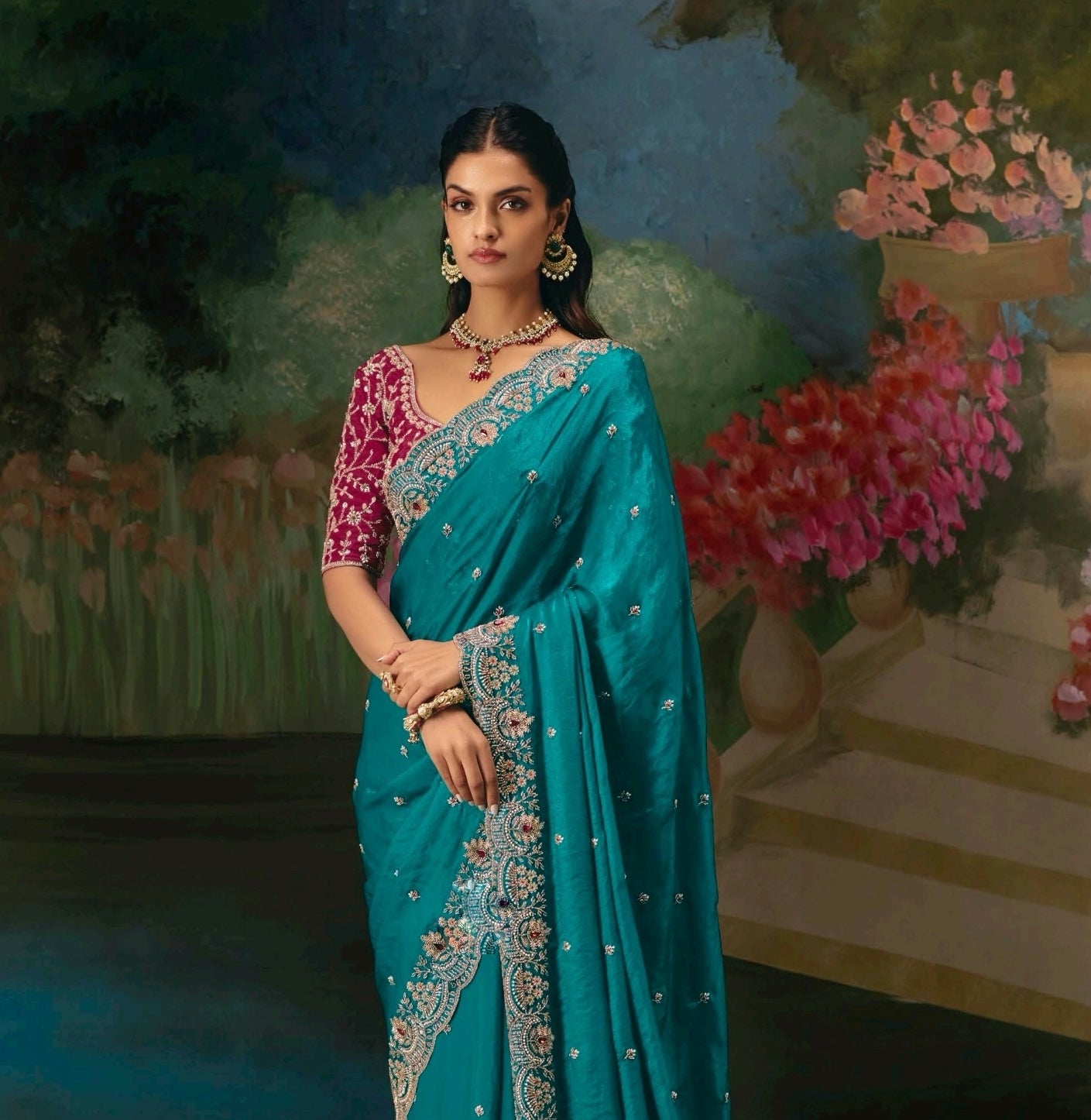 Teal Blue Embroidery Silk Readymade/Easy Saree