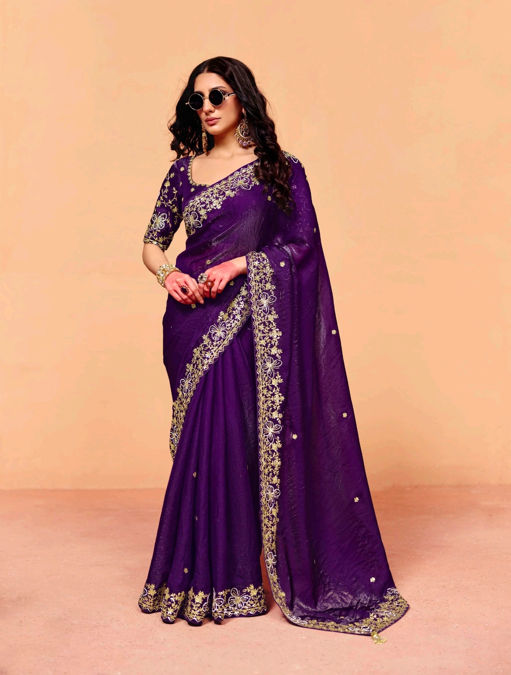 Royal Purple Tissue Silk Readymade/Easy Saree - Panaash Saree