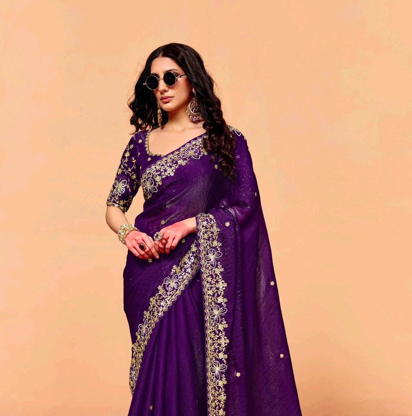 Royal Purple Tissue Silk Readymade/Easy Saree - Panaash Saree