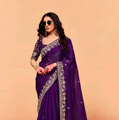 Royal Purple Tissue Silk Readymade/Easy Saree - Panaash Saree