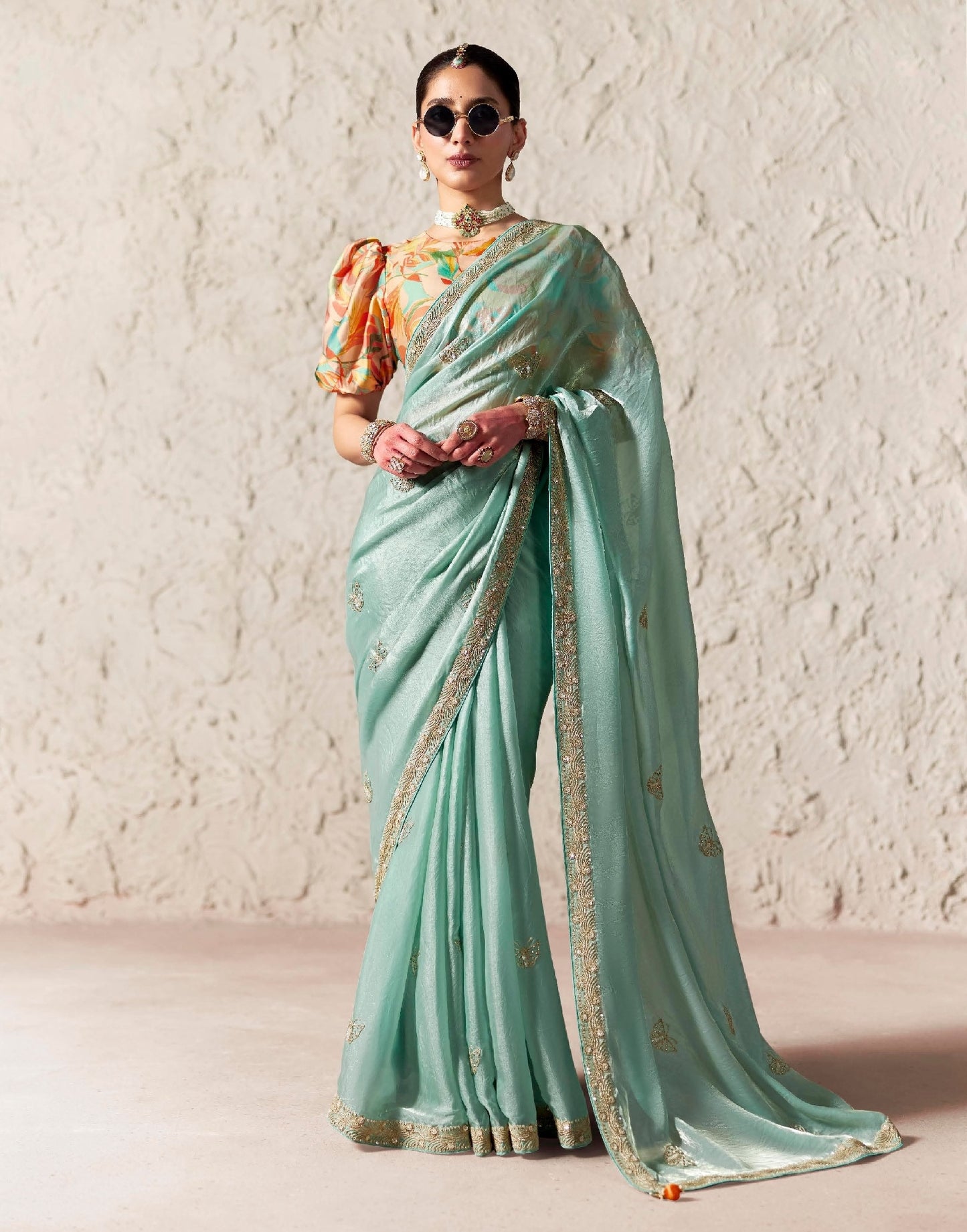 Mint Fancy Tissue Silk Ready to wear/Easy Saree - Panaash Saree